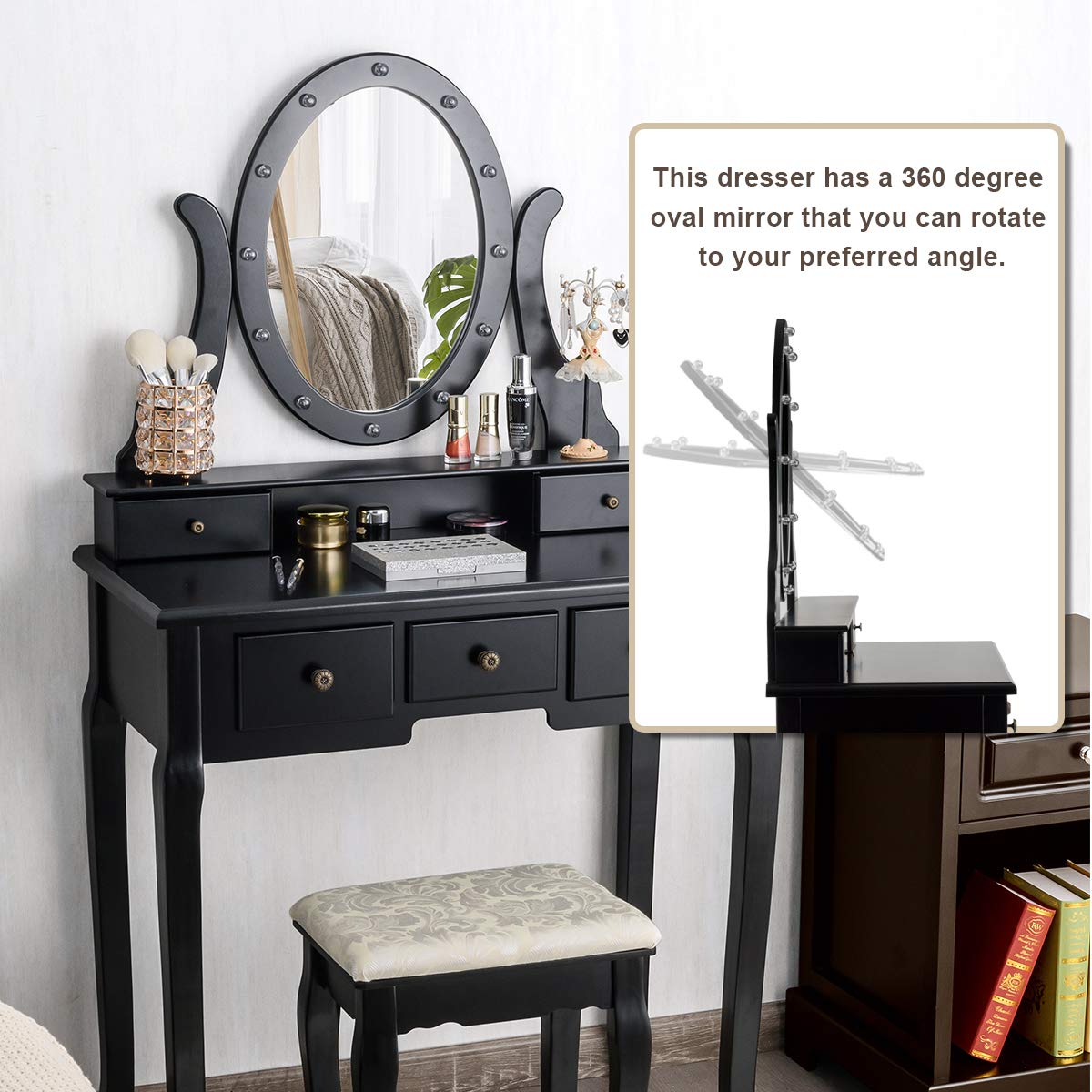 Giantex Vanity Table Set with 12 Lights Mirror, Bedroom Makeup Dressing Table with 360° Rotating Oval Mirror, 5 Drawers and Shelf, Modern Makeup Table with Cushioned Stool for Girls Women (Black) Giantex