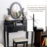 Giantex Vanity Table Set with 12 Lights Mirror, Bedroom Makeup Dressing Table with 360° Rotating Oval Mirror, 5 Drawers and Shelf, Modern Makeup Table with Cushioned Stool for Girls Women (Black) Giantex