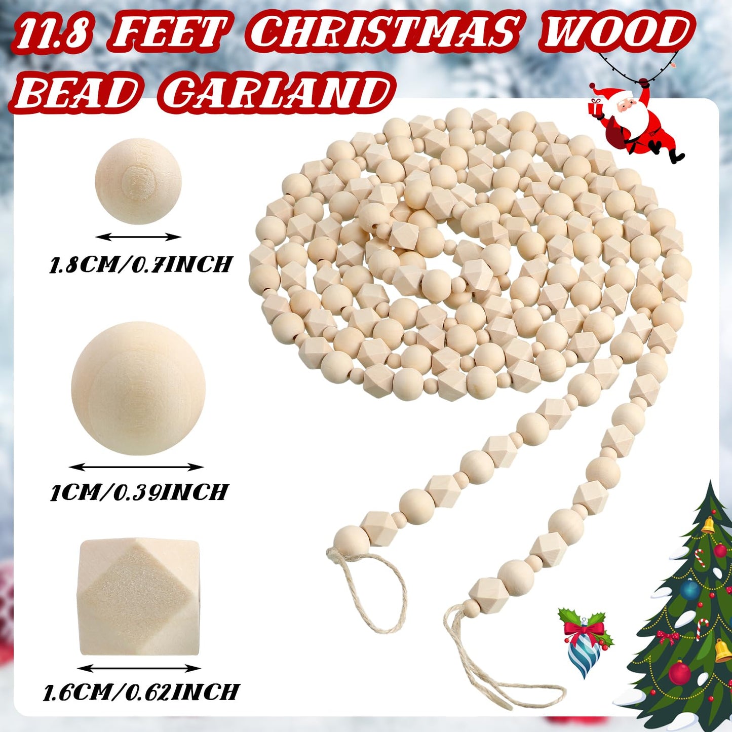 Jetec 12 Feet Christmas Wood Bead Garland Boho Garland Christmas Wooden Garland Christmas Rustic Beaded Garland Decorative Tree Decorations Farmhouse Country Home Decor for Xmas Tree Wall Ornaments