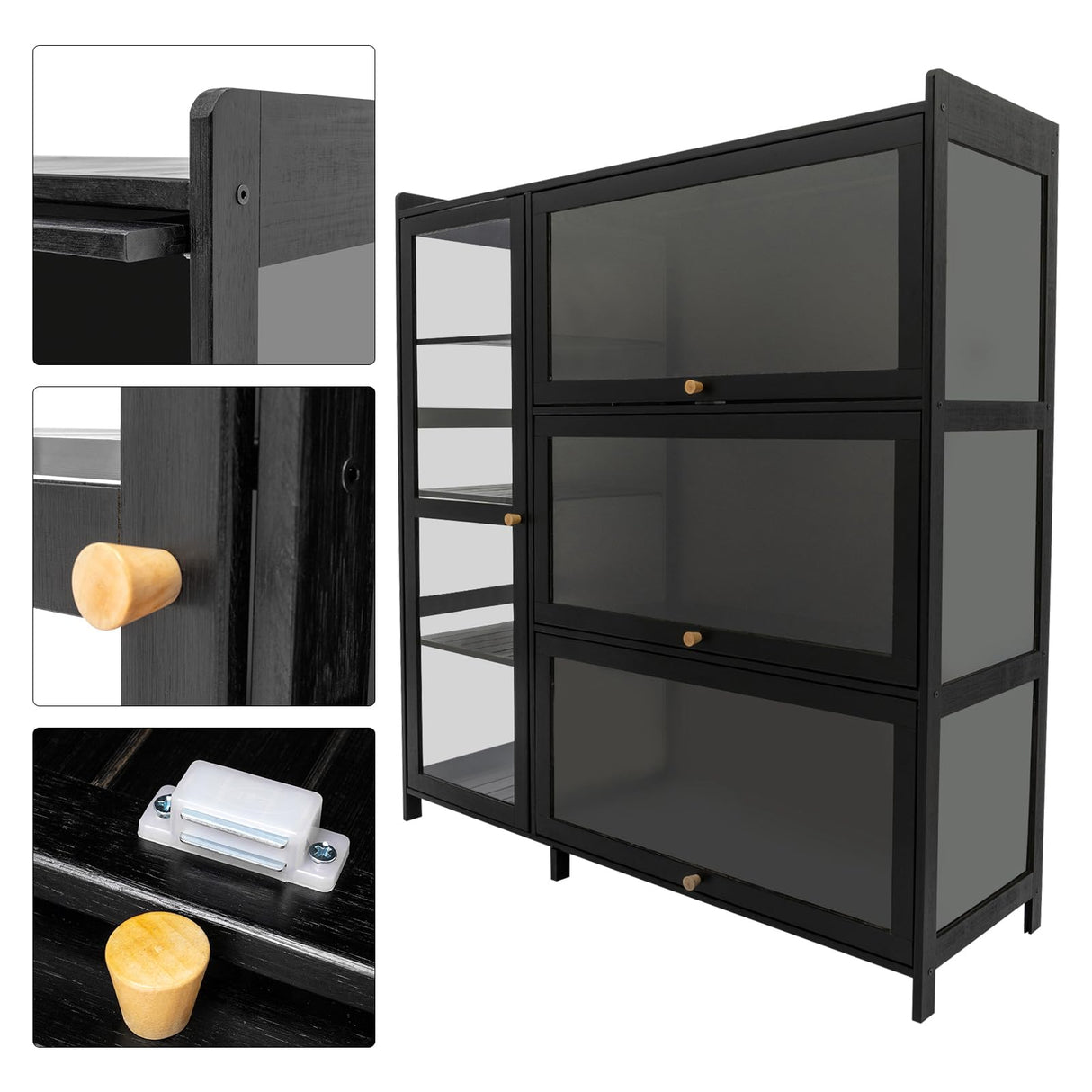 BANEBONE Display Cabinet with Acrylic Doors, 7 Storage Spaces Storage Cabinet & Curio Cabinet with Clear Acrylic Doors, Modern Black Bamboo & Composite Wood for Collectibles, Kitchen, Living Room BANEBONE