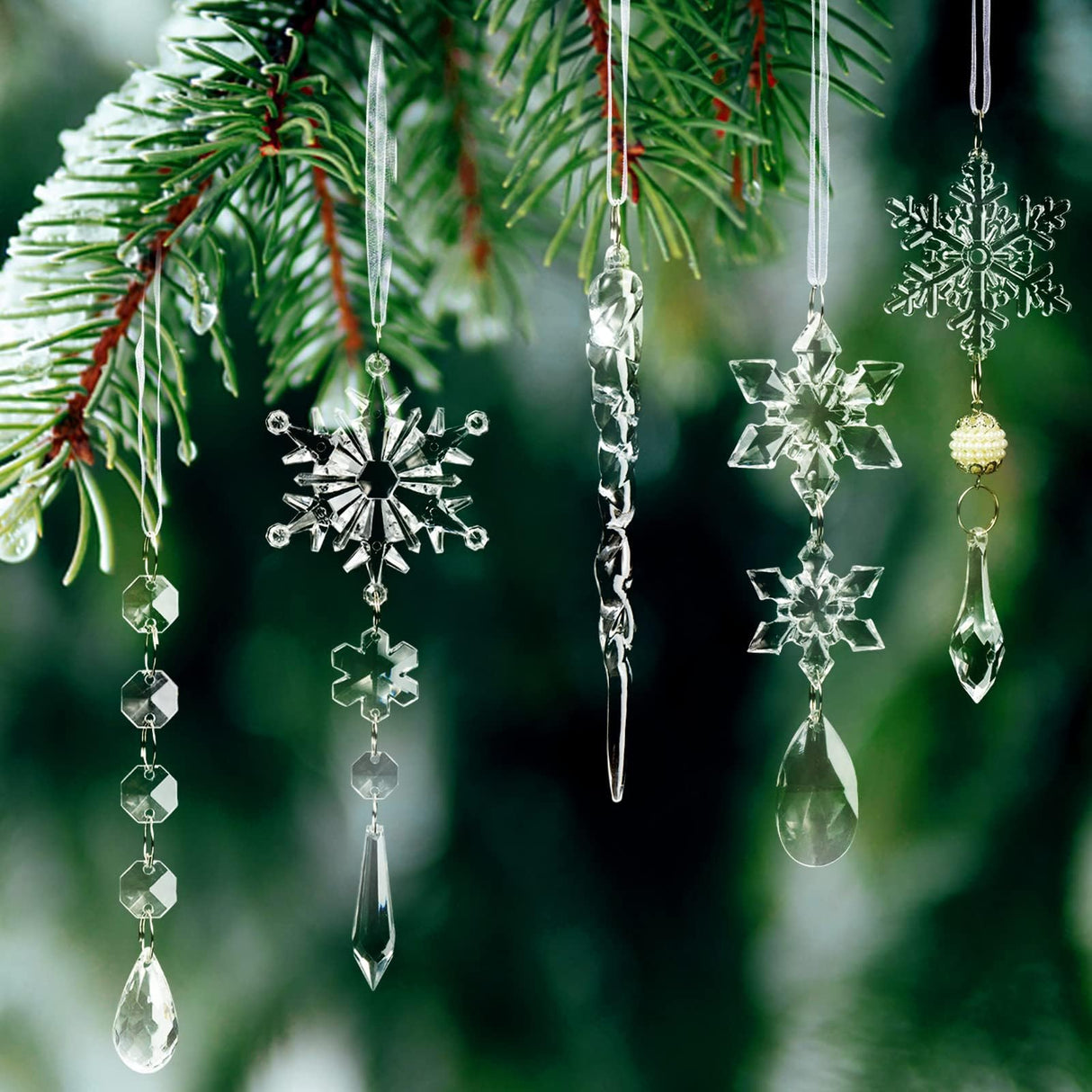 18pcs Christmas Tree Decoration Crystal Ornaments - Hanging Acrylic Christmas Snowflake Icicle Drop Crystal Ornaments for Xmas Tree Winter New Year Party Supplies OuMuaMua