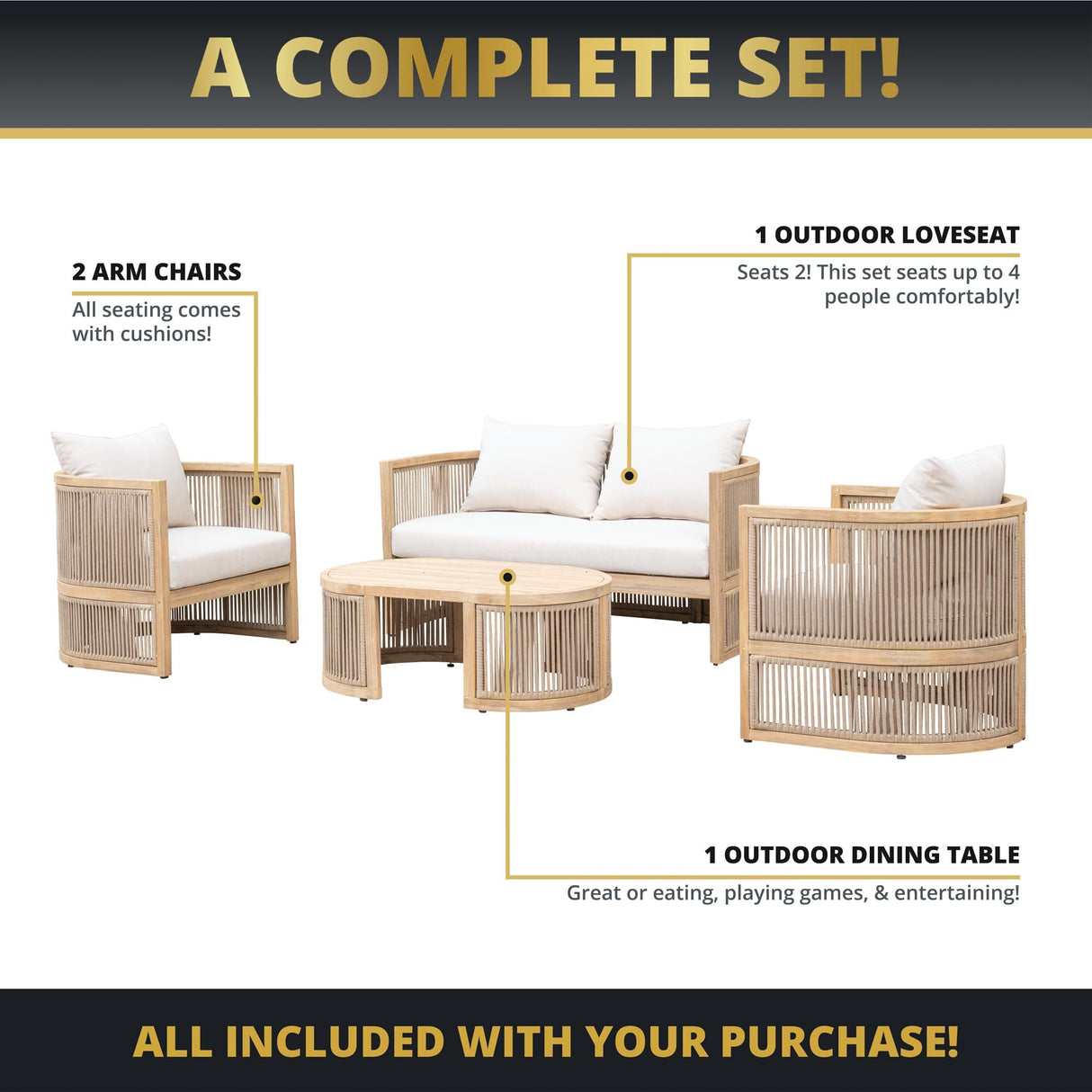 Mazatzal 4-Piece Outdoor Acacia Wood Wicker Conversation Set, Patio Furniture Set with Loveseat, 2 Armchairs, and Coffee Table, Modern Balcony Set for Garden, Yard, Backyard Mazatzal