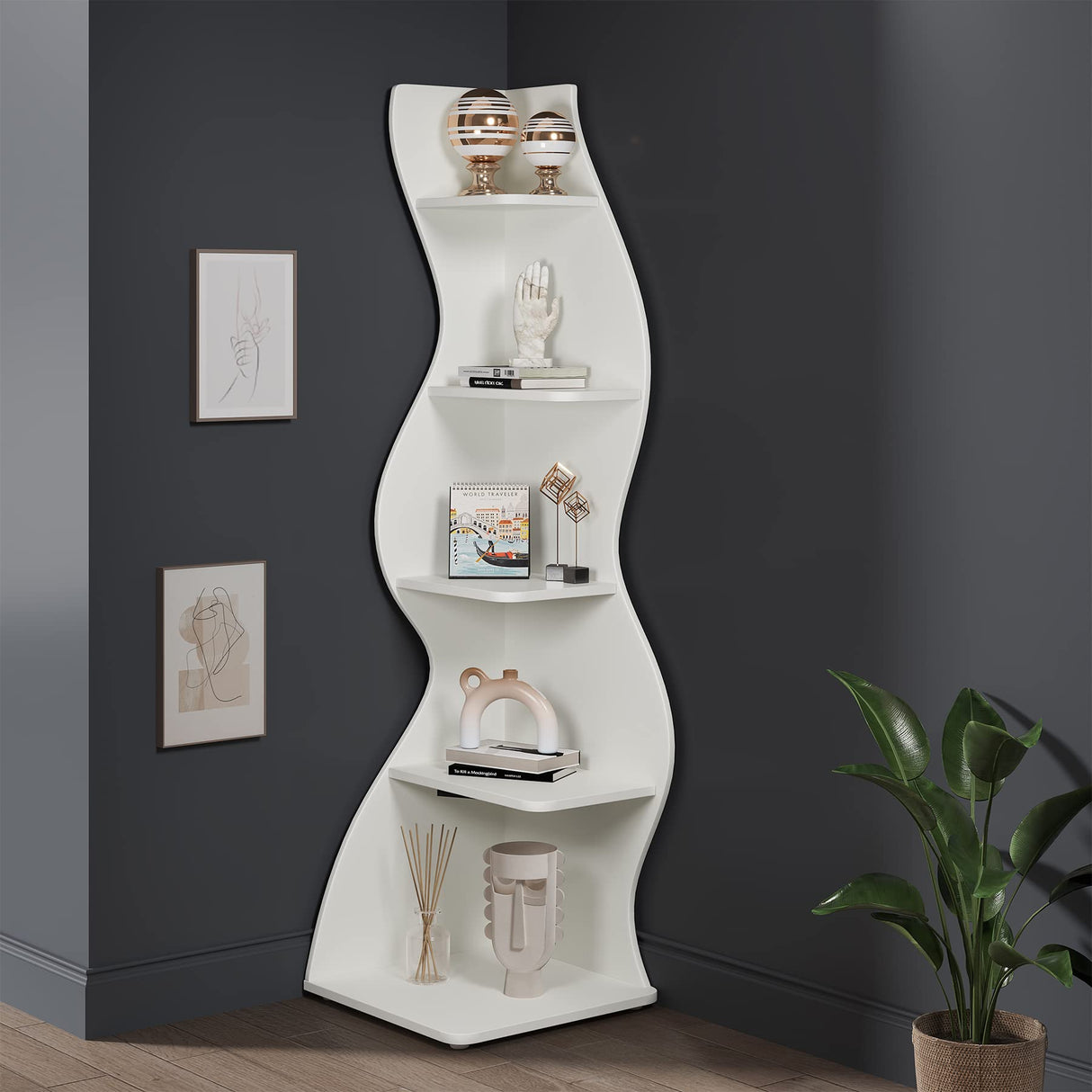 Tribesigns Corner Shelf, Modern 5-Tier Wall Corner Bookshelf, Stylish Corner Small Bookcase Storage Rack Plant Stand with Unique Shape for Living Room, Home Office (White, 1PC) Tribesigns