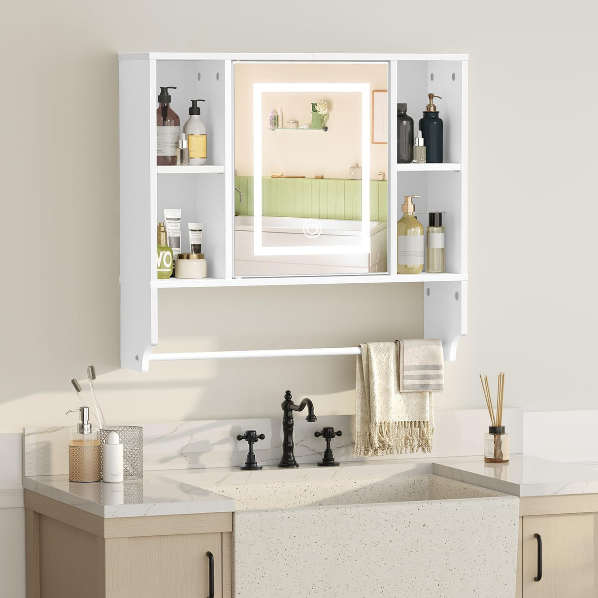 MAHANCRIS Bathroom Wall Cabinet with Mirror, Wall Mounted Medicine Cabinet with Color Adjustment LED Lights, Mirrored Over The Toilet Storage Cabinet with Adjustable Shelves, 23.6''W x 21.6''H, White MAHANCRIS