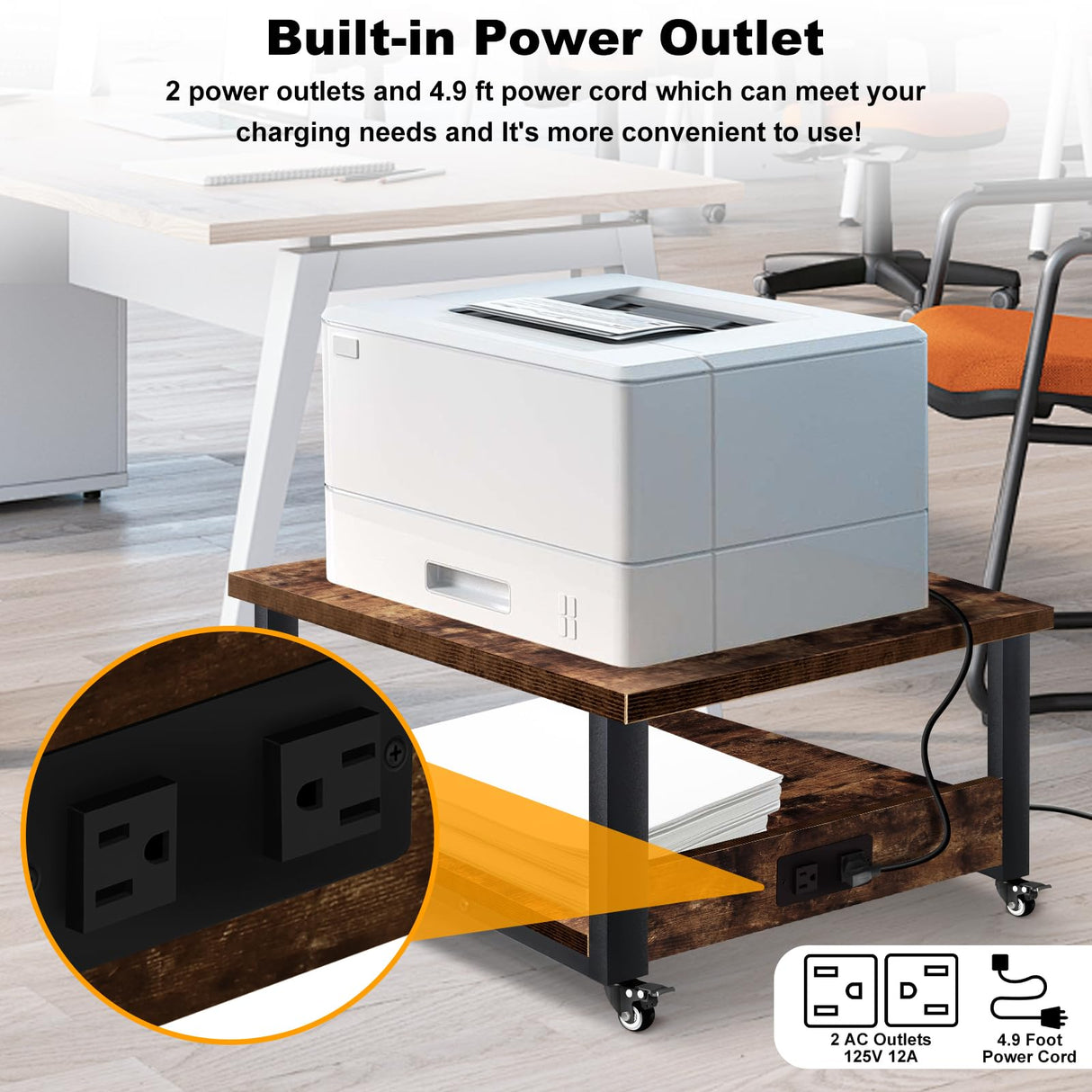 Printer Stand, 23.6''x23.6'' Large Printer Table with Power Outlet for Home Office Organization, Under Desk 3d Printer Stand With Wheels, Heavy Duty Rolling Printer Cart Shelf Stand for Desktop-2 Tier Obihivlo