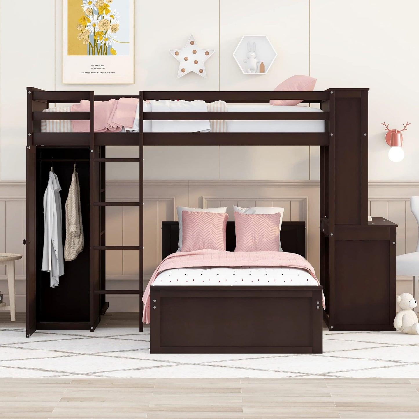 Twin Over Twin Bunk Bed with Storage, Solid Wood Bunk Bed with Shelves, Desk and Wardrobe, Twin Size Loft Bed with a Stand-Alone Bed for Kids Teens Adults (Espresso)