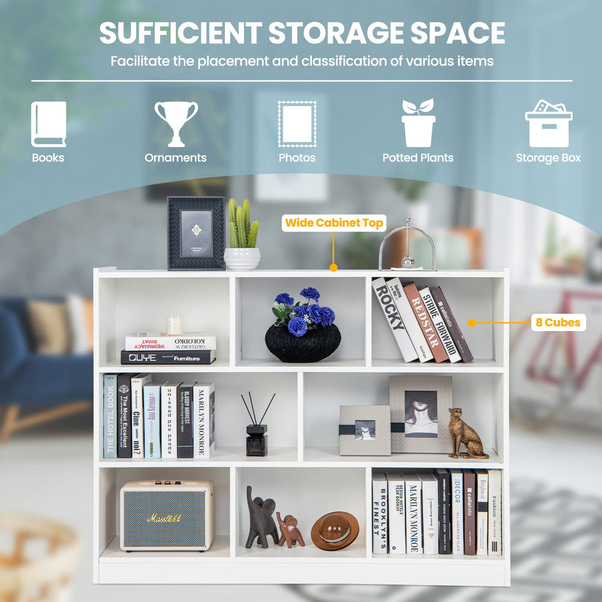 Giantex 8 Cube Bookcase, Freestanding 3-Tier Open Bookshelf, Modern Storage Display Cabinet, Wood Cube Storage Organizer for Living Room, Kid’s Room, White Giantex