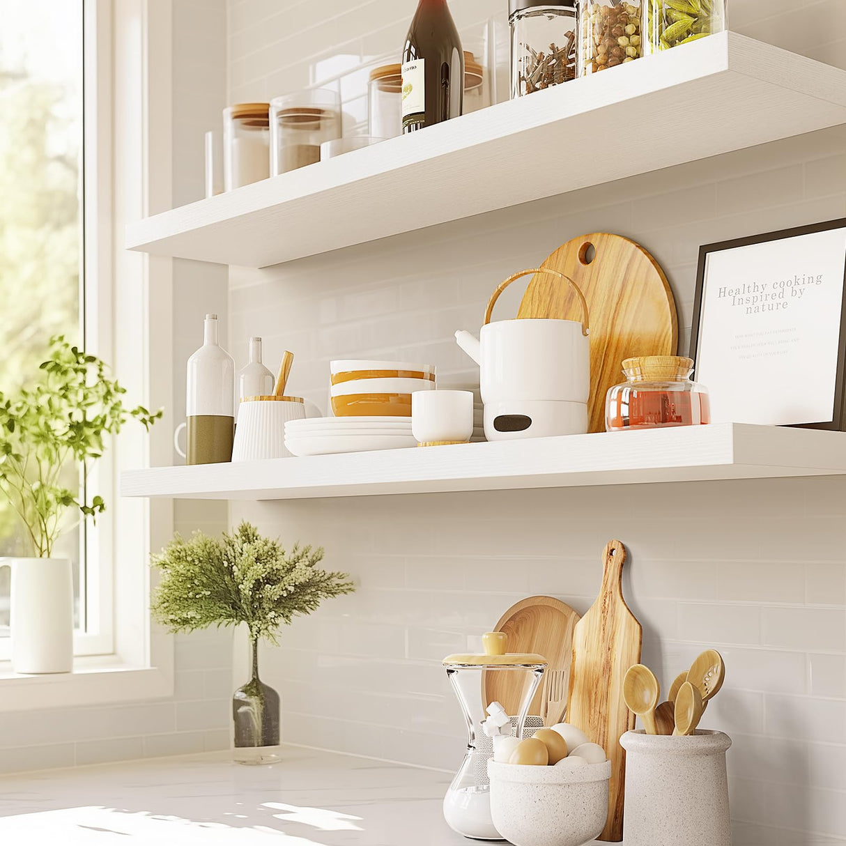 AMADA HOMEFURNISHING Floating Shelves, 32″ Large Wall Mounted Shelves for Bathroom, Bedroom, Living Room, Kitchen, Office, Hanging Shelf for Wall Décor Storage, Set of 2, White AMADA HOMEFURNISHING