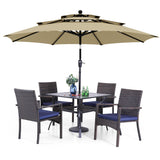 PHI VILLA 5 Piece Outdoor Dining Set with Umbrella, 37" Square Metal Dining Table & 4 Cushioned Wicker Rattan Chairs with 10ft Beige Umbrella for Patio, Deck, Yard, Porch PHI VILLA