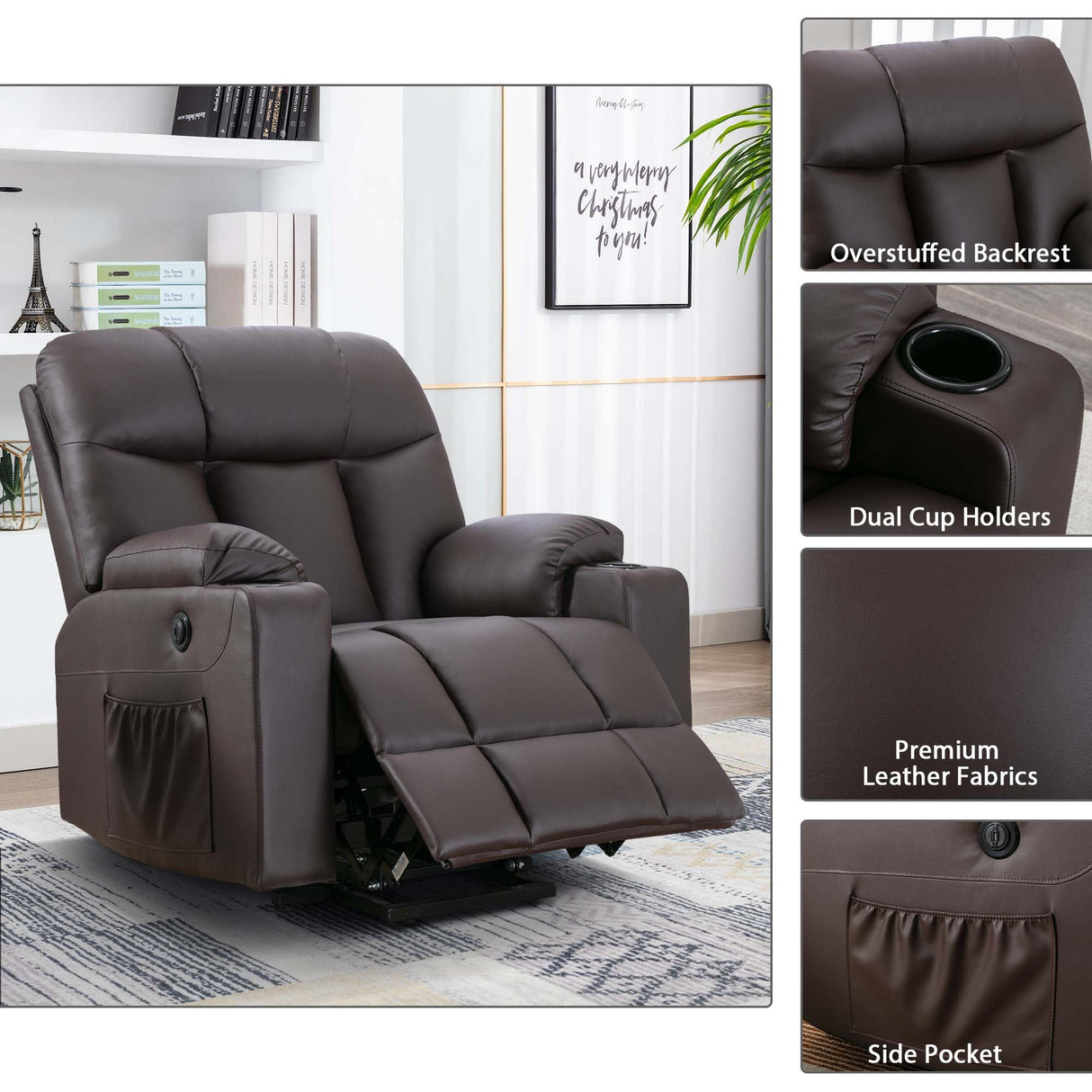 Bonzy Home Oversized Power Lift Recliner Chair for Elderly, Faux Leather Lift Chair with Heated and Massage, Extra Wide Single Sofa with 2 Cup Holders, Side Pockets, USB Port, Brown Bonzy Home