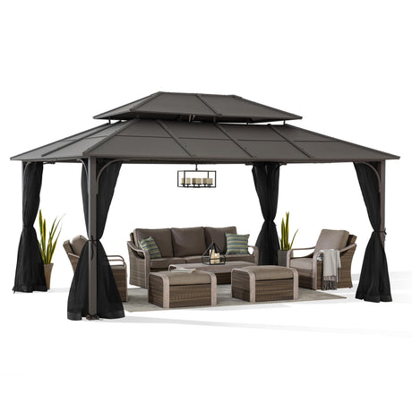 Sunjoy Hardtop Gazebo 12 x 16 ft. Outdoor Gazebo, Heavy Duty Steel Frame Gazebo, Double Tiered Metal Gazebo with Ceiling Hook and Removable Netting Sidewalls, Brown Sunjoy