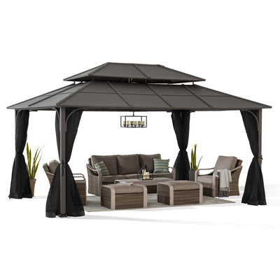 Sunjoy Hardtop Gazebo 12 x 16 ft. Outdoor Gazebo, Heavy Duty Steel Frame Gazebo, Double Tiered Metal Gazebo with Ceiling Hook and Removable Netting Sidewalls, Brown