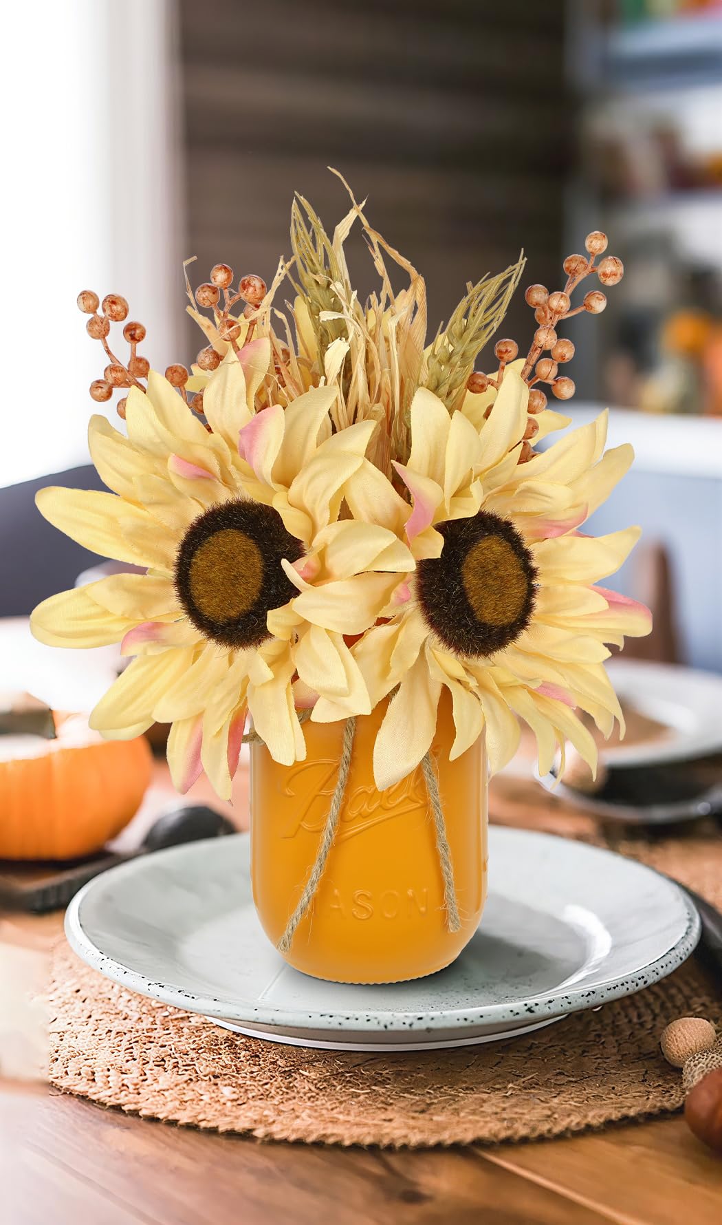 Fall Sunflower Mason Jar Centerpiece – Artificial Autumn Flowers in Rustic Glass Vase with Rope, Farmhouse Table Decor for Thanksgiving, Kitchen, Tiered Tray, Living Room, Mantel, Bathroom, Wedding DILATATA