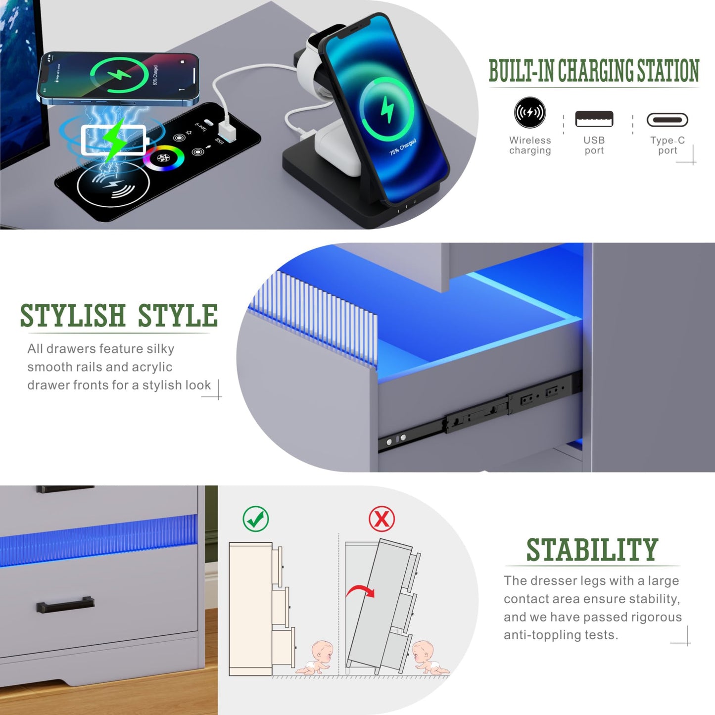 Grey Dresser for Bedroom with LED Light, 6 Drawer Large Chest of Drawers, Modern Dresser with Charging Station, Wood Bedroom Dresser for Closet/Living Room/Hallway - WoodArtSupply