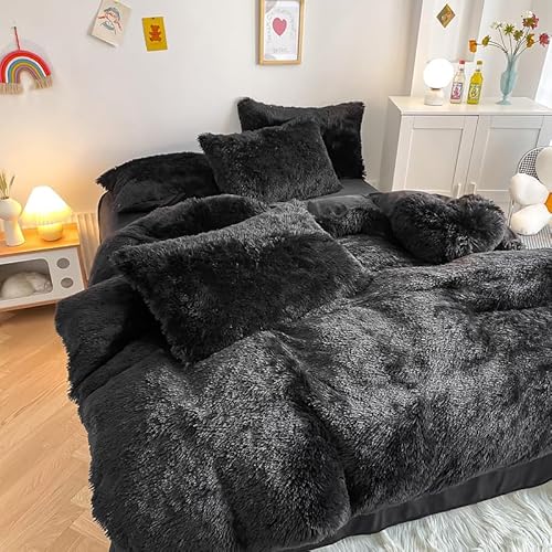 chovy Kids Girls Faux Fur Black Comforter Sets Twin/Full - 3PC Bed Set Skin Friendly Soft Warm Comfortable Classical Rabbit Plush Velvet Flannel Fluffy Fuzzy Bedding（Comforter x 1 Pillowcases x 2） chovy