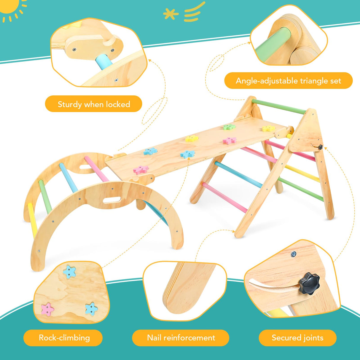 Pikler Triangle Set with Cushion, 7 in 1 Wooden Climbing Toys for Toddlers 1-3 Inside, Toddler Climbing Toys Indoor with Ramp, Arch and Ladder, Montessori Foldable Climbing Set for Toddlers and Kids KAISASA