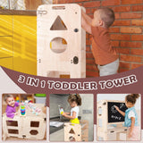4-in-1 Toddler Kitchen Step Stool, Foldable Learning Standing Tower with Blackboard, Wooden Kitchen Stool Helper for Kids, 1-3 Year Old Boy Girl Gifts TINTECUSA