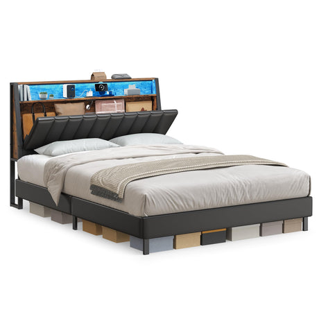 VASAGLE LED Bed Frame Queen Size, Storage Headboard and Charging Station, Queen Bed Frame with 2 AC Outlets, 1 USB Port, 1 Type-C Port, No Box Spring Needed, Ink Black and Rustic Brown URMB841B01 VASAGLE