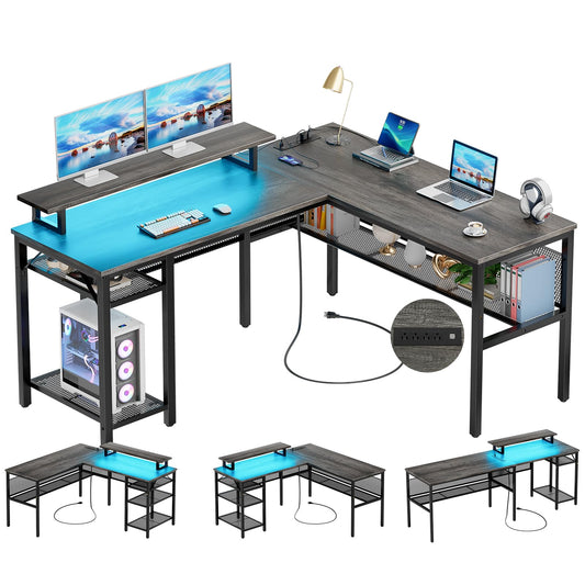 Unikito 55 Inch L Shaped Computer Desk with Power Outlets, Smart LED Lights & Unique Grid Design - WoodArtSupply