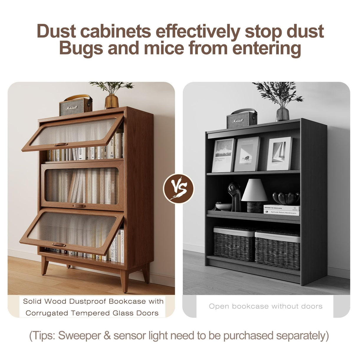 3 tier solid wood book case with corrugated tempered glass doors, dusty wooden bookshelf dark brown Flip-Up Glass Front Doors book cases/shelves for home office room with installation tool AnywaysWood