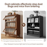 3 tier solid wood book case with corrugated tempered glass doors, dusty wooden bookshelf dark brown Flip-Up Glass Front Doors book cases/shelves for home office room with installation tool AnywaysWood