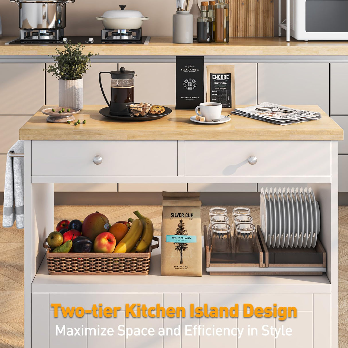 knoworld Rolling Kitchen Island with Storage Cabinet, 35.4'' Width Kitchen Cart, 2 Drawers Island Table, Portable Mobile Kitchen Island with Towel Rack, Wood Top and Lockable Wheels, White knoworld
