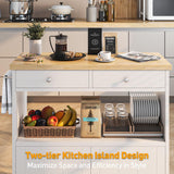 knoworld Rolling Kitchen Island with Storage Cabinet, 35.4'' Width Kitchen Cart, 2 Drawers Island Table, Portable Mobile Kitchen Island with Towel Rack, Wood Top and Lockable Wheels, White knoworld