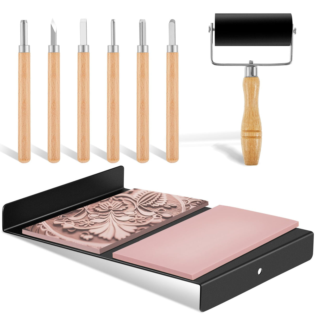 Suzile Block Printing Kit Include 1 Pcs Bench Hook and Inking Plate 2 Pcs Linoleum Block 1 Set Linoleum Cutter with 6 Type Blades 1 Brayer Roller for Carving Printmaking Stamp Tools Suzile