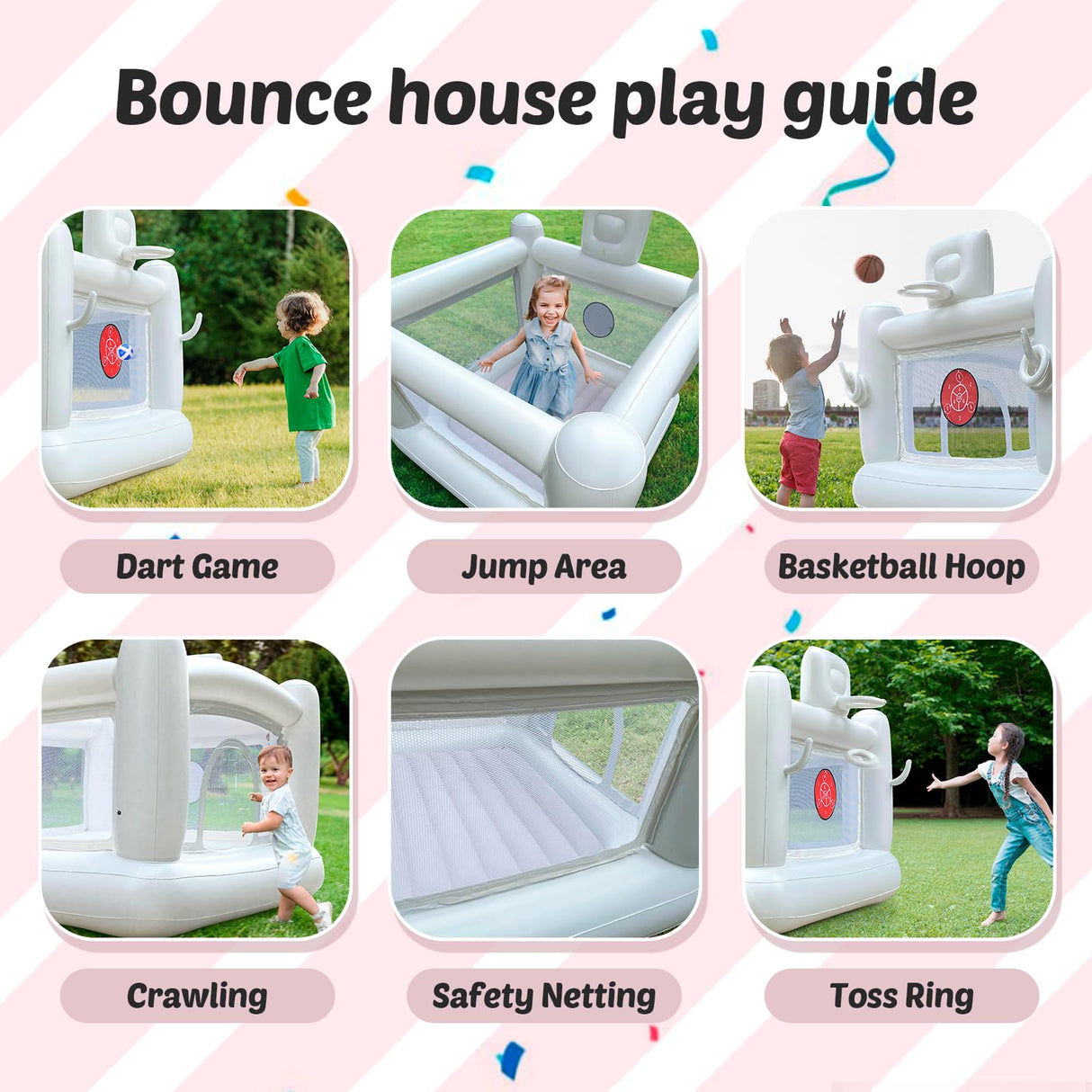 White Bounce House for Kids 2-8 Indoor Bouncy Castle with Pump Toddler Bounce House PVC Waterproof Materials Easy to Clean Outdoor Toddler Toys 68 x 68 x 58.2 inch iLink-outer