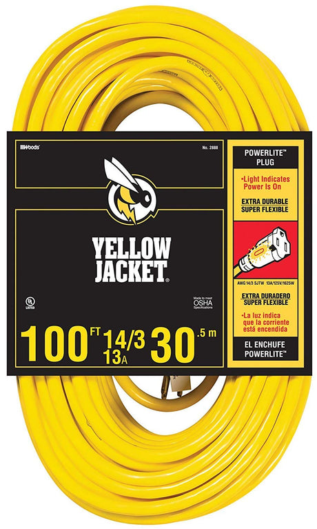 Yellow Jacket 2888 UL Listed 14/3 13 Amp Premium SJTW 100' (30.5M) Extension Cord with Grounded (3 prong) Lighted Receptacle End, 100 Foot, Yellow Yellow Jacket