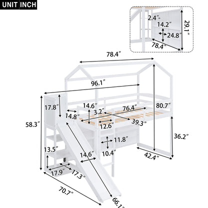 Merax White Twin Size House Loft Bed with Slide and Storage Shelves for Kids - WoodArtSupply