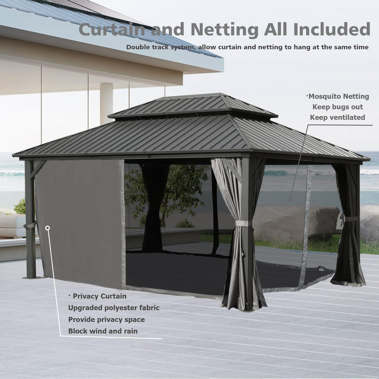 SHPAI Hardtop Gazebo 10x14FT, Aluminum Outdoor Gazebo with Galvanized Steel Double Roof Canopy, Curtains and Nettings, Metal Gazebo Permanent Pavilion for Patio Wedding, Party, Outdoor Dining, Gray SHPAI