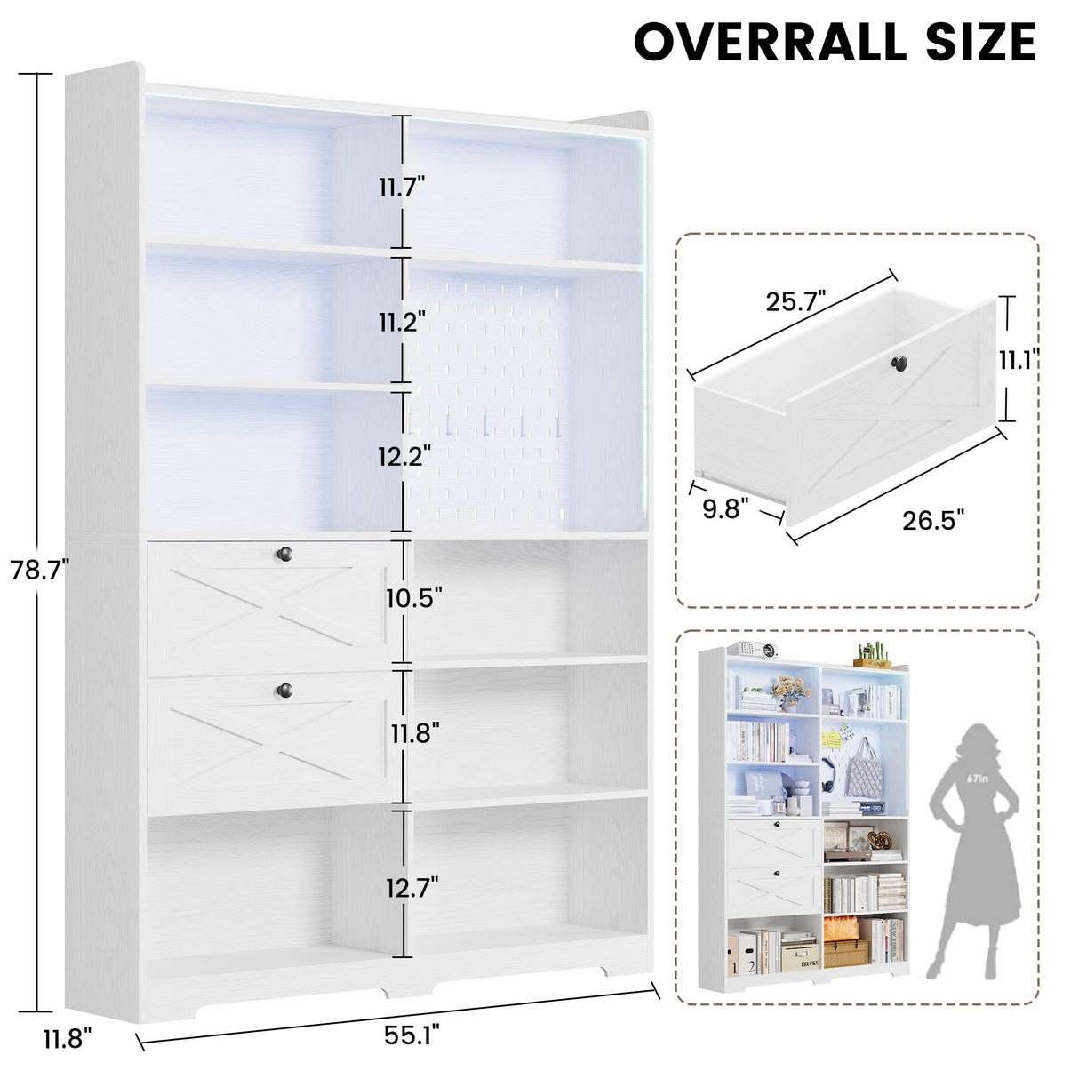 ANCTOR Book Shelf with Light and Drawers, 55" W x 79" H, 7-Tier Double Wide Bookshelf with Pegboard, Freestanding Deep Bookcase for Living Room, White ANCTOR