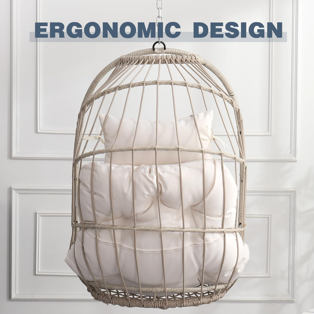 Hanging Egg Chair, Patio Wicker Hammock Egg Basket Chair with Cushion, Outdoor Rattan Swing Hammock for Balcony Garden Bedroom, White (Stand not Included) BELTGEEK