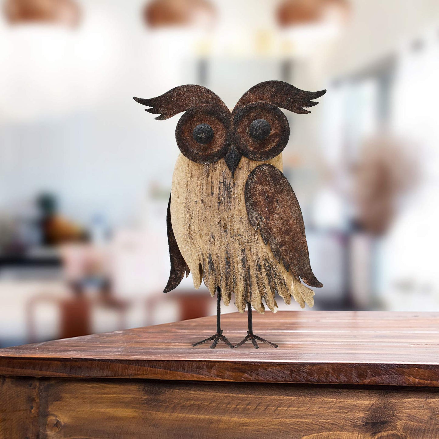 K KILIPES Rustic Owl Decorations for Home Decorative Wood Owl Figurine Statues Night Owl Tabletop Ornaments Collectible Sculptures (8.5" H B)