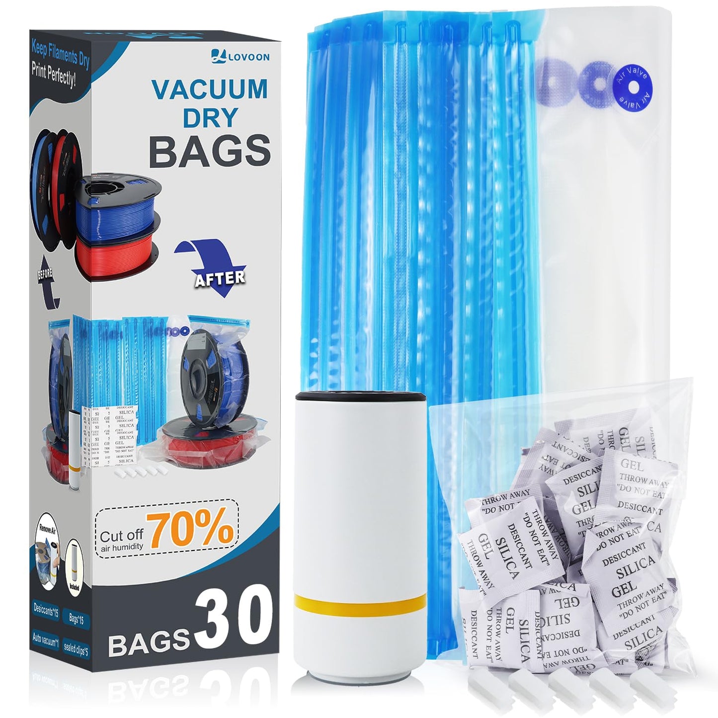 LOVOON Filament Storage Bags 30pcs, 3D Printer Filament Storage Bags Vacuum Sealed Kit with 30pcs Desiccant, Auto Pump, Perfect for 3D Filament Storage or Using After Filament Dryer Box - WoodArtSupply