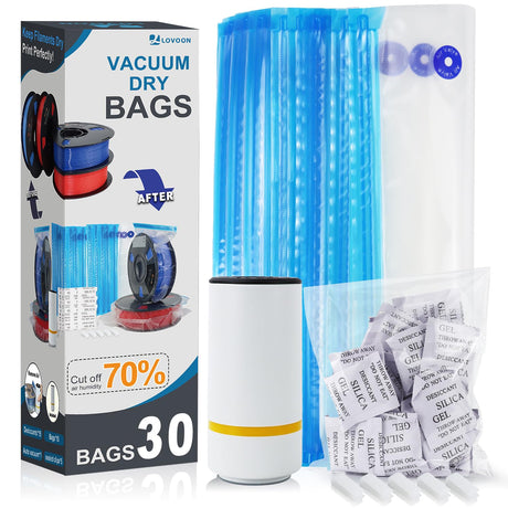LOVOON Filament Storage Bags 30pcs, 3D Printer Filament Storage Bags Vacuum Sealed Kit with 30pcs Desiccant, Auto Pump, Perfect for 3D Filament Storage or Using After Filament Dryer Box LOVOON