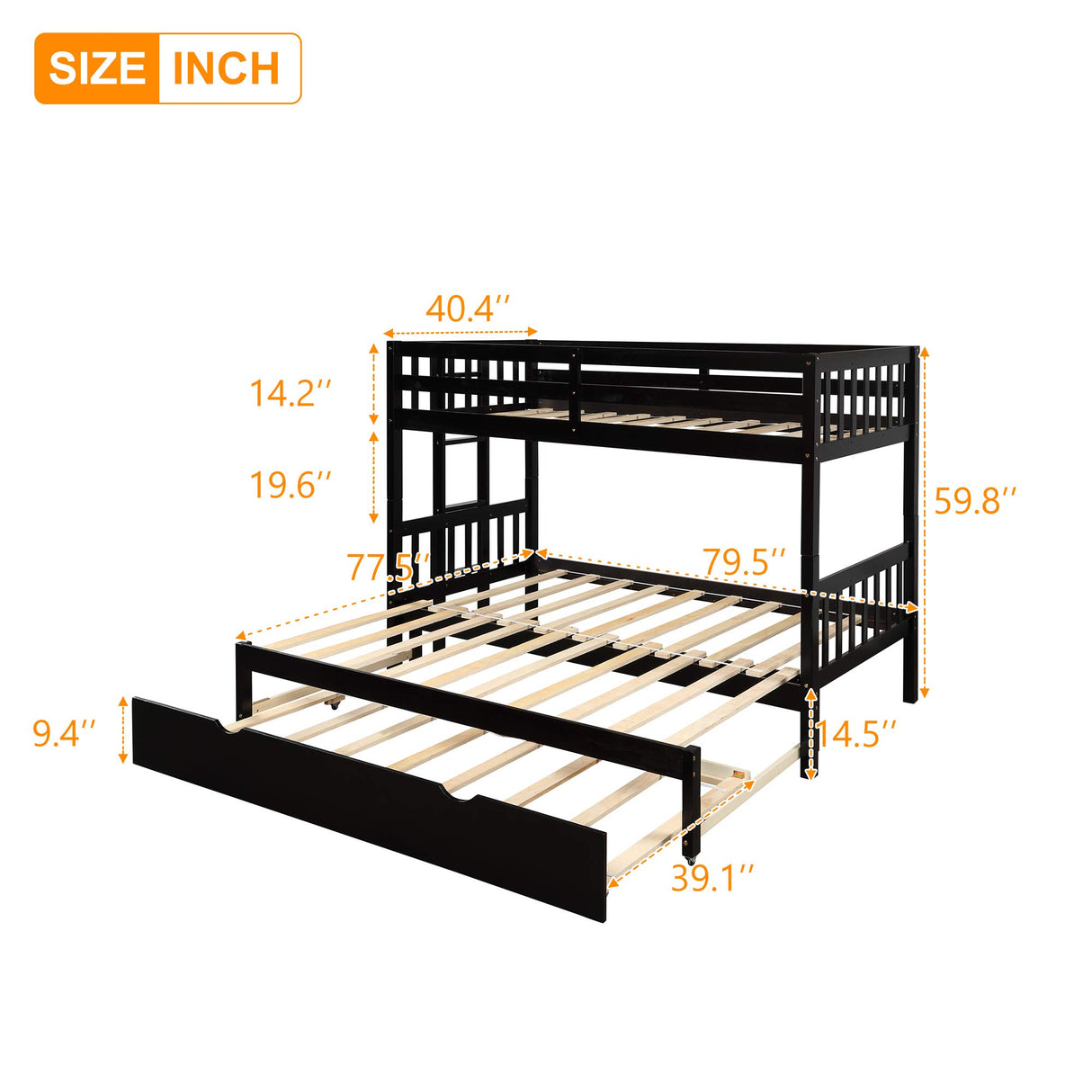 KLMM Twin Over Pull-Out Bunk Bed with Trundle, Wooden Twin Over Twin/Full/Queen/King Bunk Bed, Accommodate 4 People Extendable Bunk Beds with Ladder and Safety Rail (Espresso) KLMM