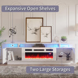 AMERLIFE Fireplace TV Stand with 36" White Fireplace, 70" Modern High Gloss Fireplace Entertainment Center LED Lights, 2 Tier TV Console Cabinet for TVs Up to 80", White & White AMERLIFE