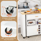 Giantex Mobile Kitchen Island Cart, 4-in-1 Reversible Serving Cart Bar Table Combo, Storage Cart on Wheels w/Rubber Wood Top, Adjustable Shelf, 12-Bottle Wine Rack, Spice Rack for Dining Room, White Giantex