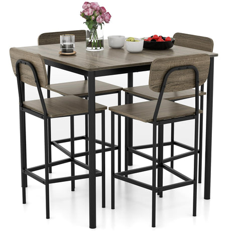 Giantex 5-Piece Dining Table Set W/Counter Height Table & 4 Bar Stools, Modern Kitchen Dining Set W/Footrest & Backrest, Space-Saving Dinette Set for Pub, Dining Room, Restaurant (Black Oak) Giantex