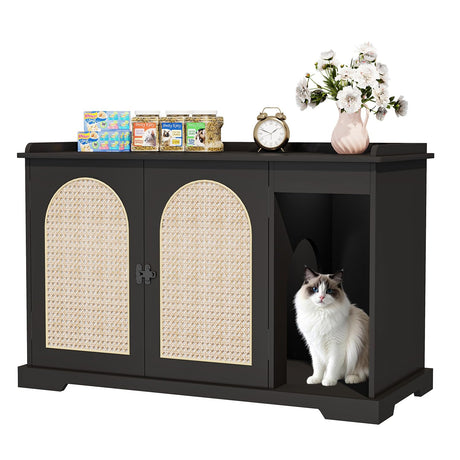ZUNLANTK Large/Tall Cat Litter Box Enclosure, Hidden Litter Box with Convenient Entrance Large Shelf, Farmhouse Enclosed Litter Box Cabinet Rattan Cat House for Living Room Entryway (Black) ZUNLANTK