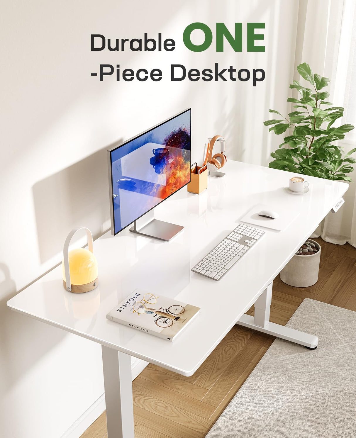 Marsail Glass Electric Standing Desk with Drawer, 55 x 28 Inches Height-Adjustable Desk, One-Piece Tempered Glass Top, Ergonomic Home Office Sit Stand Desk with 4 Preset Heights, White Marsail