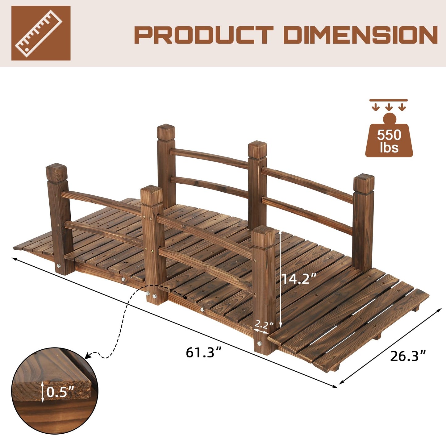 HOMEDIARY Fir Wood Garden Bridge, Outdoor Stained Finish Arc Footbridge Walkway with Double Safety Railings, Decorative Pond Bridge Landscaping for Backyard Farm Garden Creek Pond Decor, Carb - WoodArtSupply