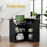Reception Desk with Storage Shelves and Drawer, L-Shaped Modern Front Desk with Power Outlet, Reception Counter Table for Checkout, Lobby, Beauty Salon GatherHome