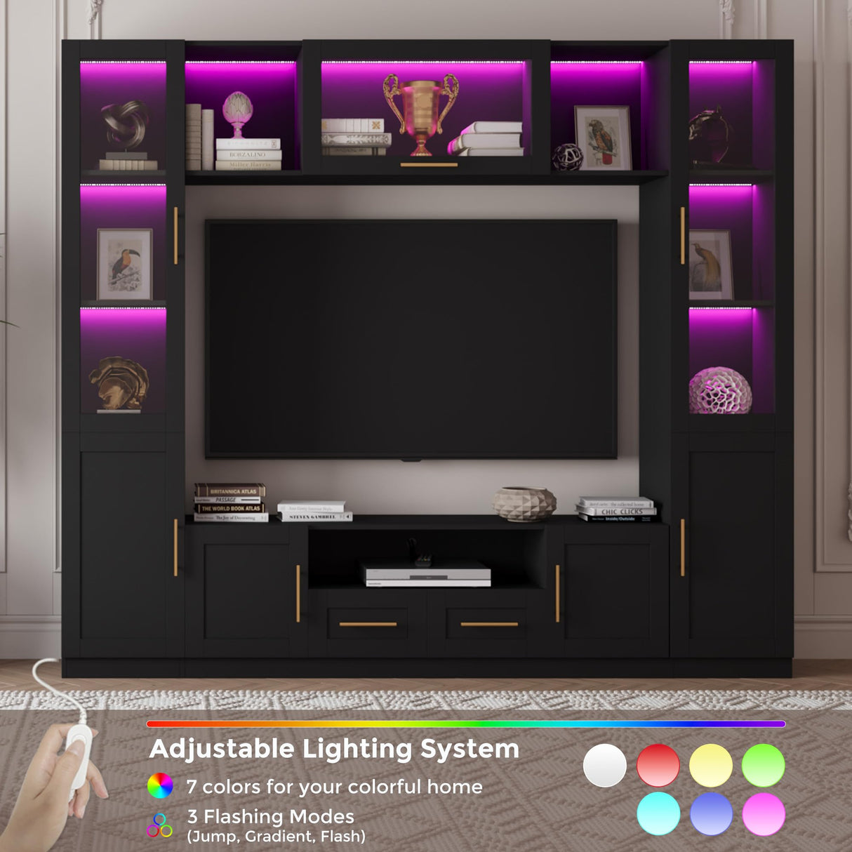 Bobve 94" Wall Unit Entertainment Center for TVs up to 70", Modern TV Console with LED Lights, Multifunctional TV Stand with Tempered Glass Door, Drawers & Shelves for Living Room, Black Bobve