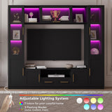 Bobve 94" Wall Unit Entertainment Center for TVs up to 70", Modern TV Console with LED Lights, Multifunctional TV Stand with Tempered Glass Door, Drawers & Shelves for Living Room, Black Bobve