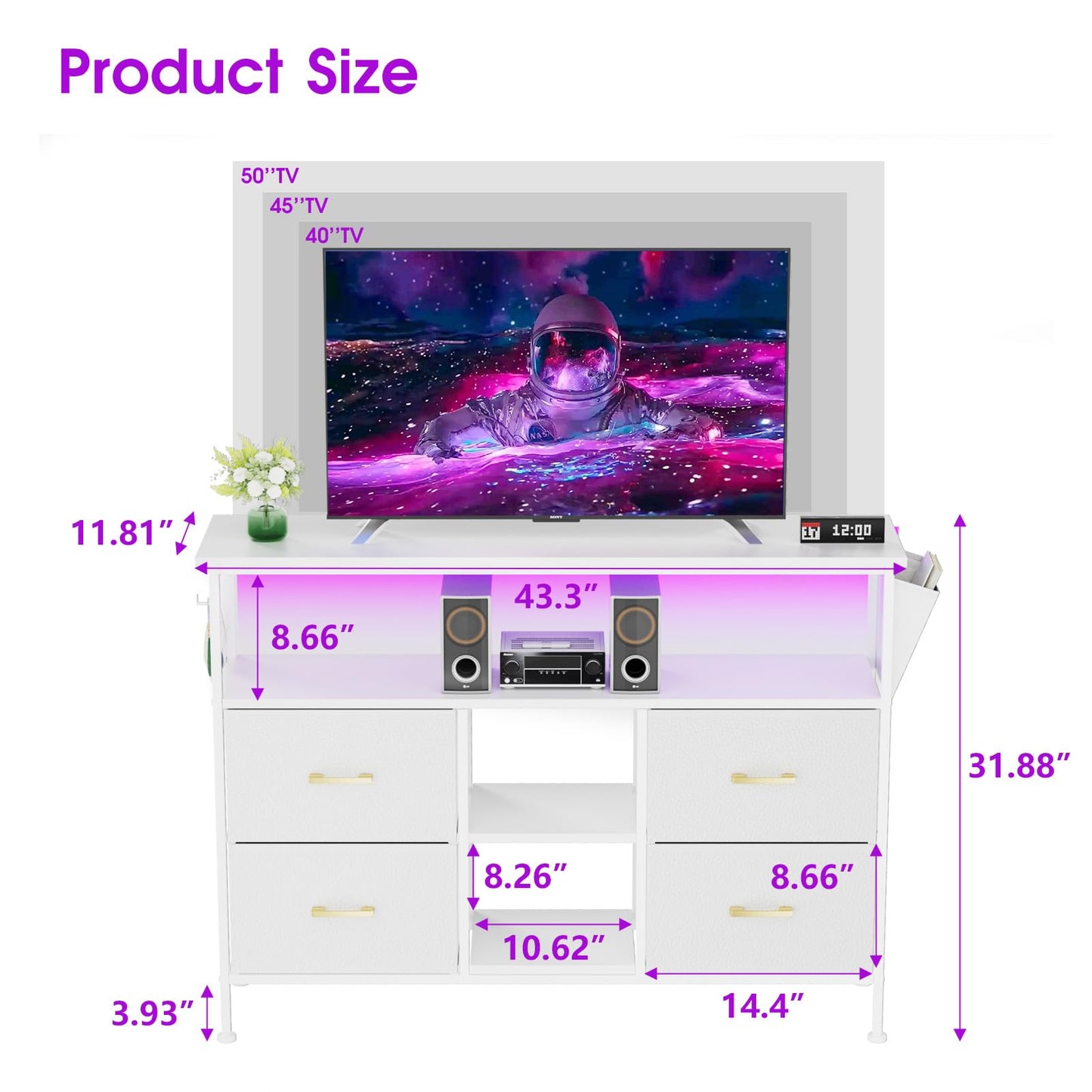 YIPPPPE Dresser TV Stand with Power Outlet for 50'' TV, White TV Stand with LED, Storage Cabinet TV Stand, Entertainment Center with 4 Deep Drawers, Wide Chest of Drawer for Storage in Bedroom