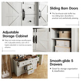 Vabches White Farmhouse Buffet Cabinet with Sliding Barn Doors and 5 Drawers Vabches