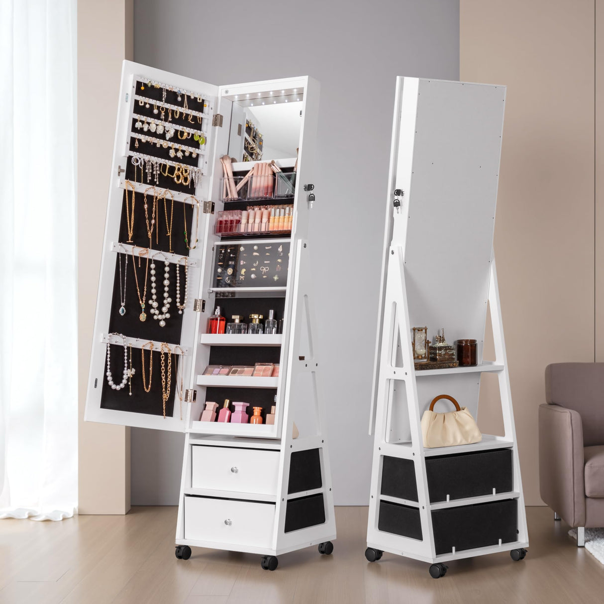 Furmax 360° Swivel Mirror Jewelry Cabinet with Lights, Full Length Mirror Jewelry Armoire Organizer, Standing Lockable Jewelry Storage Cabinet with 2 Drawers (White) Furmax